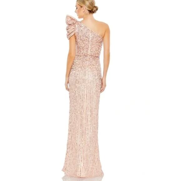 Mac Duggal Embellished Sequin Puff One Shoulder Gown 5622 Apricot Pink 2 - Picture 2 of 8
